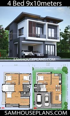 two story house plan with 4 beds and 2 meters from the ground level, it has 3