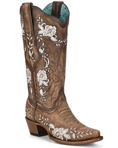 Corral Women's Embroidered Floral Western Boots - Snip Toe Corral Tall Boots, Sunflower Cowgirl Boots, Western Wedding Boots, Harley Wedding, Snip Toe Cowgirl Boots, Cowgirl Boots Wedding, Cute Cowgirl Boots, Leather Patterns, Womens Cowgirl Boots