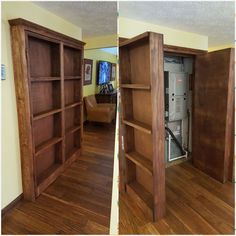 an open bookcase in the middle of a living room with wood floors and hard wood flooring