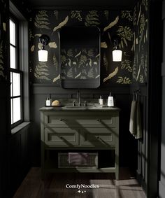 a bathroom with black and gold wallpaper, wood flooring and a large mirror