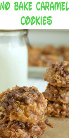 no bake caramel cookies stacked on top of each other next to a glass of milk