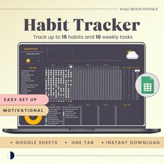 a laptop computer sitting on top of a desk with the words habit tracker above it