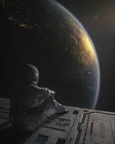 an astronaut sitting on the edge of a space station in front of a large planet