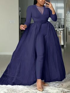 Peilia - Flattering Plus Size Ensemble: Womens Solid Long Sleeve Contrast Mesh Round Neck Jumpsuit & Maxi Party Skirt Two Piece Set Semi-stitched Floor-length Evening Sets, Purple Long Sleeve Sets For Evening, Full-length Pleated Maxi Skirt For Evening, Luxury Fitted Maxi-length Sets, Maxi Tee Dress, Party Skirt, Stylish Plus, Printed Tank Tops, Plus Size Casual