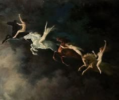 an oil painting of three women riding horses in the sky with two men on their backs