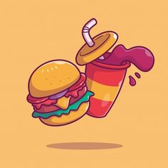 a cartoon hamburger falling into a cup with ketchup and sauce on the side