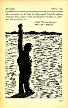 an old book with a drawing of a person leaning on a pole in front of the ocean