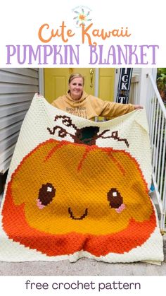 a crocheted pumpkin blanket with the words cute kawaii pumpkin blanket on it