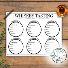 the whiskey tasting game is shown on a table with a cup of tea and leaves