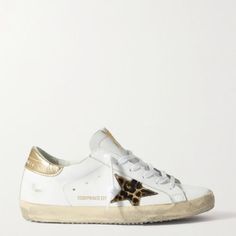 Superstar Distressed Leopard-Print Calf Hair-Trimmed Leather Sneakers - White Golden Goose Platform, White Golden Goose, Shoes Golden Goose, Preppy Shoes, Sore Eyes, Shoe Wishlist, Goose Shoes, Golden Goose Sneakers, Golden Goose Shoes