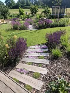 a wooden walkway in the middle of a garden with purple flowers and greenery on either side