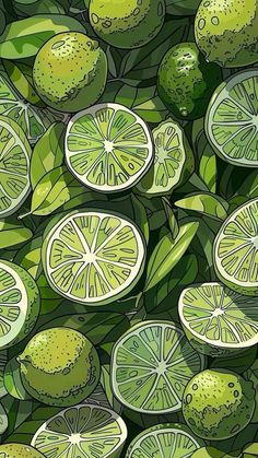 limes and lemons with leaves on a green background, seamless pattern illustration