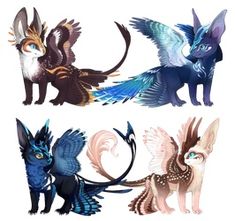 four different types of cats with wings on their back and one cat's tail