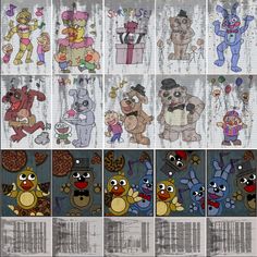 several different pictures of cartoon characters in various colors and sizes, with the same background