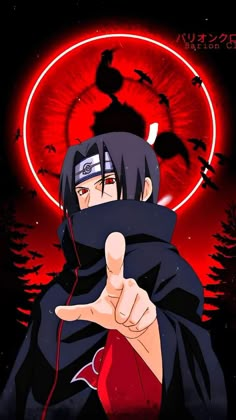 an anime character pointing at the camera with red light behind him and trees in the background