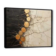 an abstract painting with tree roots and leaves on black background canvas wall art print, ready to hang