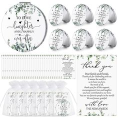 the wedding stationery is shown in white and green