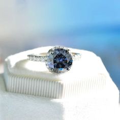 3 Carat Round Dark Grey Gray Blue Giliarto Moissanite Halo Gold Engagement Ring Halo Gold Engagement Ring, Gray Moissanite, Blue Moissanite, Classic Wedding Rings, Platinum Engagement Rings, Gold Engagement Ring, Stone Engagement, 14k White Gold Ring, Eternity Band Diamond