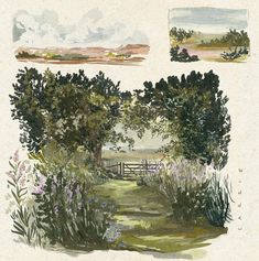 an image of a painting with trees and flowers in the foreground, watercolor on paper