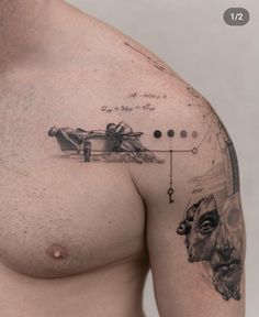 a man's chest with an airplane and cow tattoo on the left side of his right arm