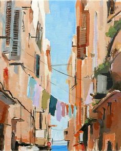 an oil painting of clothes hanging out to dry on a line in front of buildings