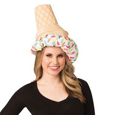 Ice Cream Cone Hat. Show your friends your favorite food with this fun hat and wear it on your head and not your waistline! Includes: Upside down vanilla custard cone with sprinkles. Stuffed and lined for support. 100% polyester. One size fits most adults upto Size Large. Black shirt is not included.Base Material: 100% PolyesterCare: Hand WashCountry of Origin: Made in US Cone Hat Diy, Arthur Halloween Costume, Ice Cream Hat, Vanilla Ice Cream Cone, Punny Costumes, Cream Hat, Cone Hat, Steampunk Top Hat, Crown For Women