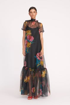 The Calluna Dress is a high neck organza gown with scoop back and functional neck tie. This style features a tiered ruffle hem and a midi slip. Long Sleeve Floral Dress Formal, Organza Gown, Organza Gowns, Sheer Maxi Dress, Organza Fabric, Black Tie Event, Formal Looks, Knit Skirt, Dress First