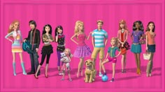 barbie dolls are lined up against a pink background with the caption's name