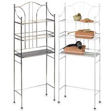 two metal shelvings with orange towels on them