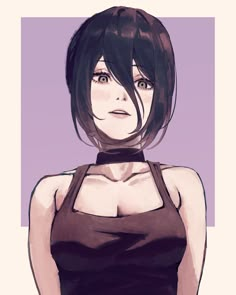 a drawing of a woman with short black hair wearing a halter top and looking at the camera