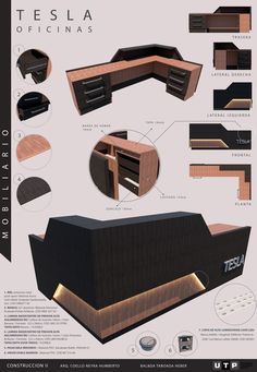 an info sheet showing the different parts of a desk and its contents, including drawers