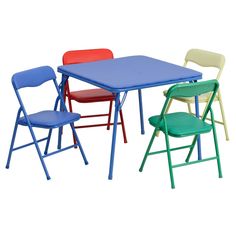 three different colored folding chairs next to each other on a white background with the same color plastic table and chair