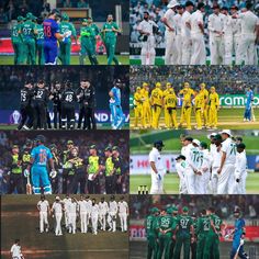 many different pictures of men in green and white uniforms at a baseball game, including the teams