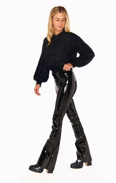 Check out Commando Faux Patent Leather Flare Legging ~ Black. Get $10 off + free shipping with Club Mumu. Flare Legging, Romper And Jacket, Gameday Outfit, Flare Leggings, Dress With Cardigan, Bottom Clothes, Dress Romper, Black Knit, Black Leggings