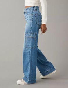 AE Dreamy Drape Stretch Super High-Waisted Cargo Baggy Wide-Leg Jean Cute Date Outfits Casual, Jeans Outfit Women, Cargo Pants Outfit, All Jeans, Cute Pants, Fit Ideas, Cute Jeans, Back To School Outfits, Cargo Jeans