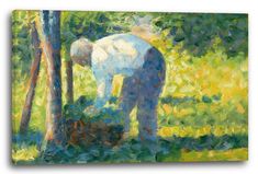 an oil painting of a white horse grazing in the grass next to a tall tree