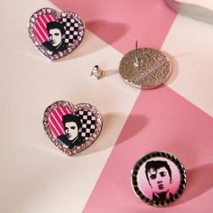 Earrings-2 Pairs Of Elvis Presley Earrings Nice Quality, And Nice Weight To Them Nwt Elvis Presley Pink, Jelly Shoes, Phone Holster, Walker Boots, Pajama Shirt, Elvis Presley, Rain And Snow Boots, Boot Sandals, Snow Boots