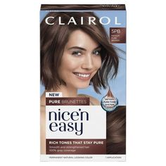 Clairol Nice'n Easy Pure Brunettes Permanent Hair Dye Color Cream, 5PB Medium Pure Brown RICH TONES THAT STAY PURE UNTIL RE-COLORING. Browns to love in 3 easy steps: 1.Detox: Precolor detox serum helps purify hair from metal build-up. 2.Dye: Pure brown tones fill hair. 3.Treat: Intense treatment helps shield against metals and preserve pure color. PURE BRUNETTES! IT'S SO ME! Size: 1 Application. Brown Box Hair Dye, Box Hair Dye, Permanent Hair Dye Colors, Box Dye, Brown Hair Dye, Chocolate Brown Hair, Permanent Hair Dye, Permanent Hair Color, Brown Tones