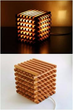 two pictures one is made out of wooden blocks and the other has a lamp on it