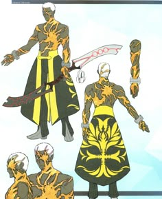 some paper dolls are standing next to each other with swords in their hands and arms