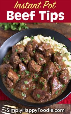 beef and mashed potatoes in a black bowl with text overlay