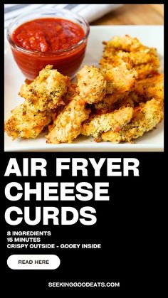 an advertisement for air fryer cheese curls on a white plate with ketchup