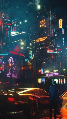 a man standing in the rain next to a car on a city street at night