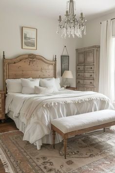 a bedroom with a large bed and chandelier