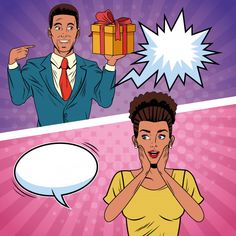 a man giving a gift to a woman in front of him with speech bubbles above her