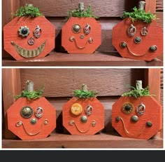 three pumpkins with faces made out of wood