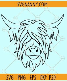 the head of a cow with long horns is shown in black and white on a blue background