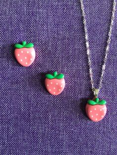 (11,811) Pink Strawberry Necklace or Earrings  Polymer Clay, <7/8" x 5/8 Earrings on stainless steel posts Necklace on 18" sterling silver chain  Super Cute! Cute Clay Necklace Ideas, Cute Silver Jewelry With Adjustable Chain, Super Clay Earrings, Cute Nickel-free Pendant Jewelry, Cute Pink Sterling Silver Jewelry, Cute Nickel-free Sterling Silver Jewelry, Nickel-free Cute Sterling Silver Jewelry, Cute Adjustable Pierced Jewelry, Cute Sterling Silver Nickel-free Jewelry