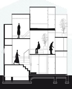 the silhouettes of people are walking up and down the stairs in this black and white illustration