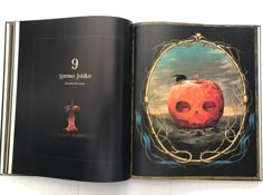 an open book with a pumpkin on the front and bottom cover, in which there is a drawing of a human skull